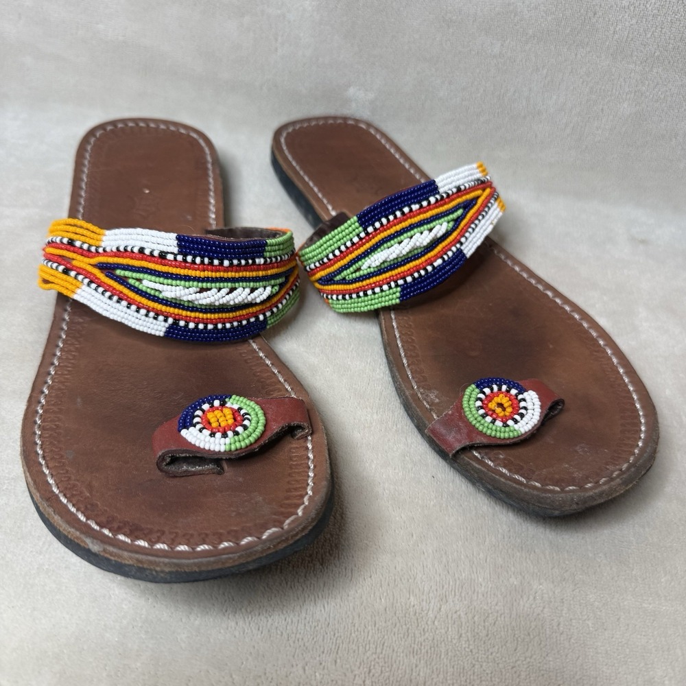 Women's Beaded Leather Sandals Sz. 41 US 8 Flip Flops Toe Ring Boho Beachy